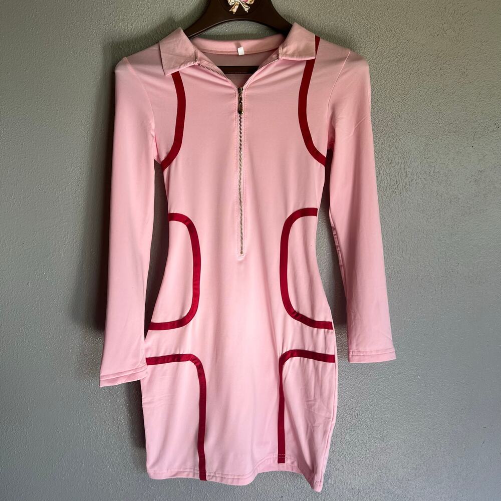 Pink Red Deep V-Neck Front Zip Long Sleeve Sexy Bodycon Mini Dress Size Small